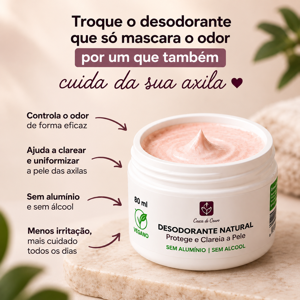 Desodorante Natural - Protege e Clareia a Pele, sem alumínio, sem álcool